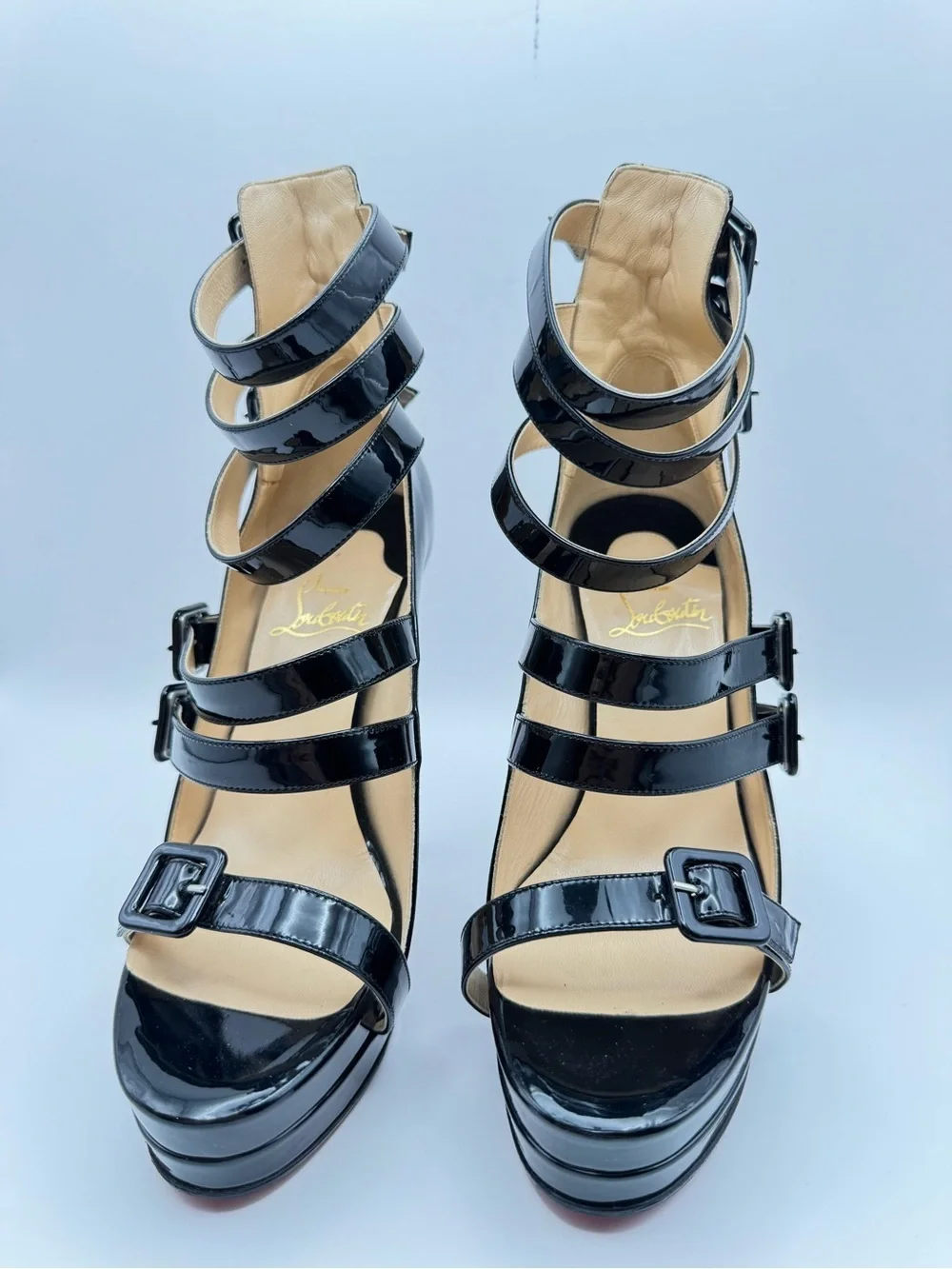 Christian Louboutin Differa 140 Black Patent Leather Multi Buckle Platform 36.5